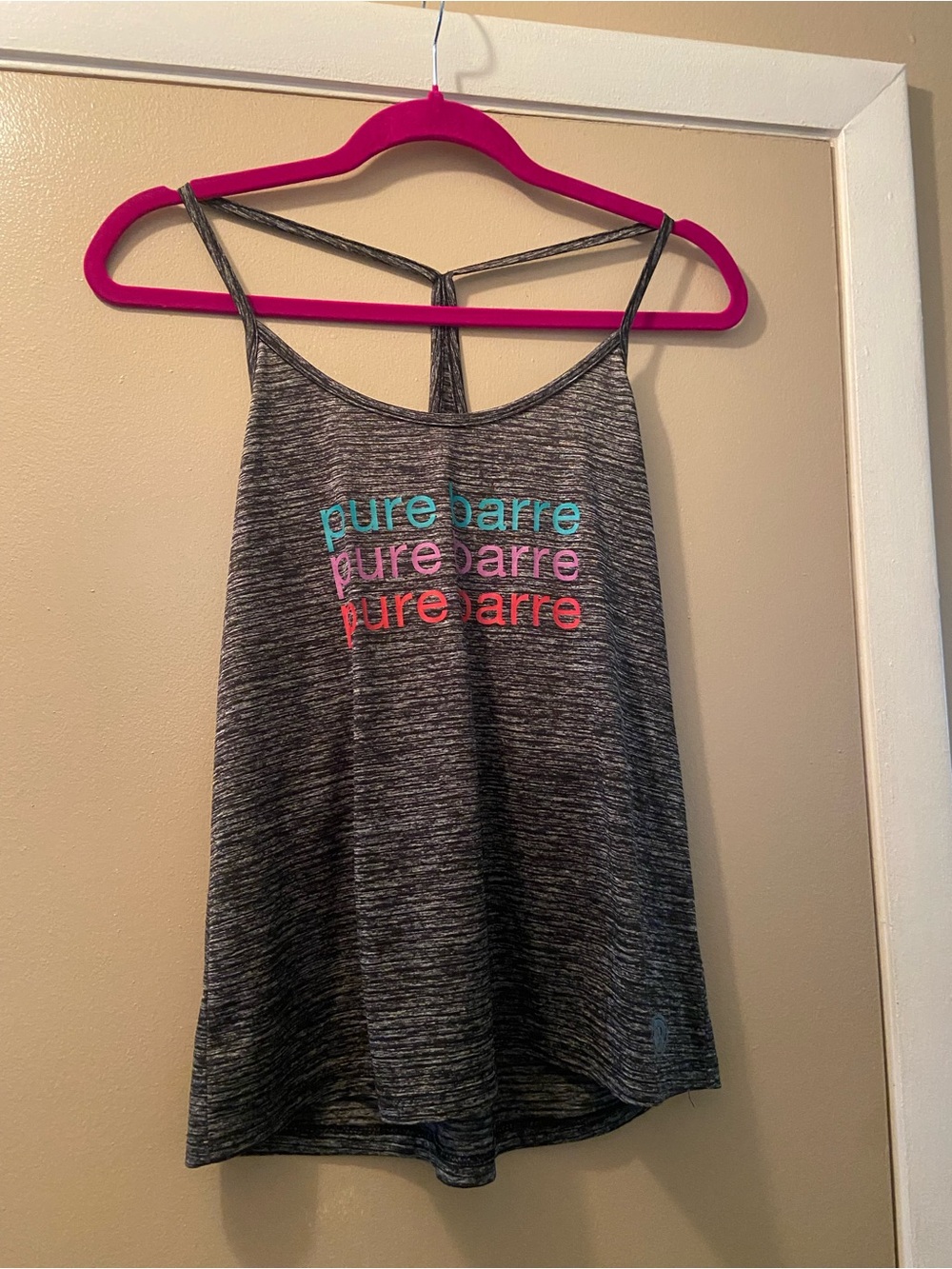 Pure Barre Heather Gray Strappy Tank with Colorful Logo! Medium! EUC!